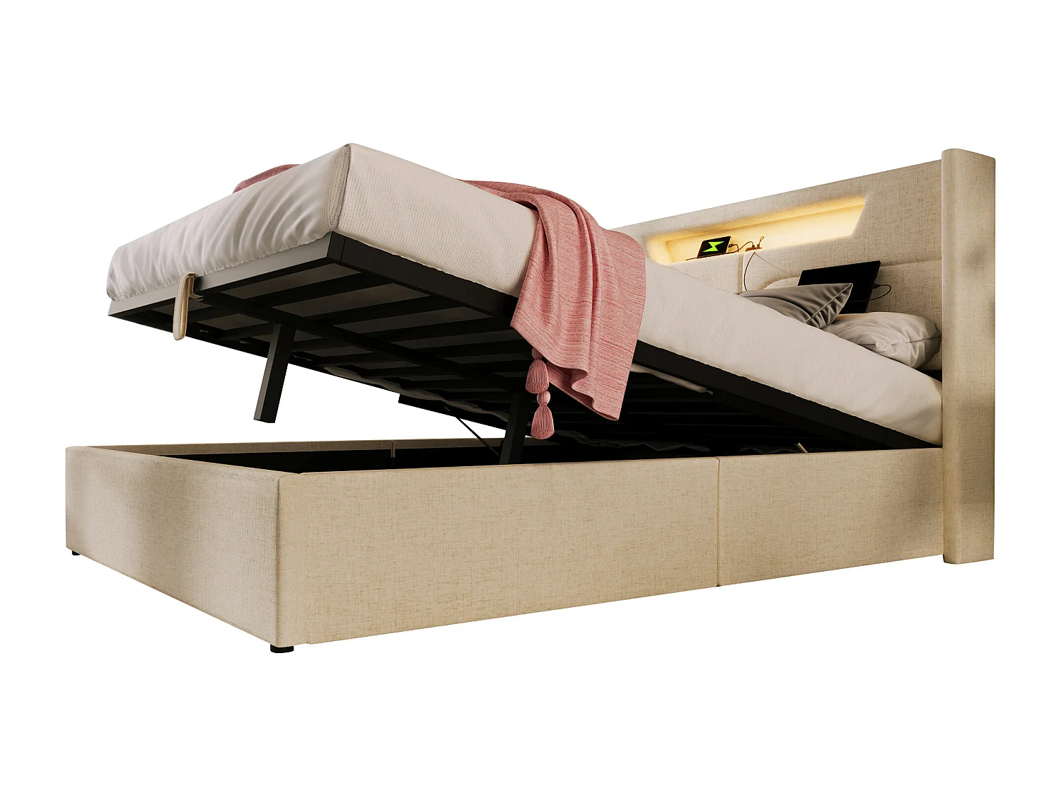 Lit coffre rembourré - 160 x 200 cm - avec Leds + USB Type C + tête de lit + sommier à lattes - lin - beige