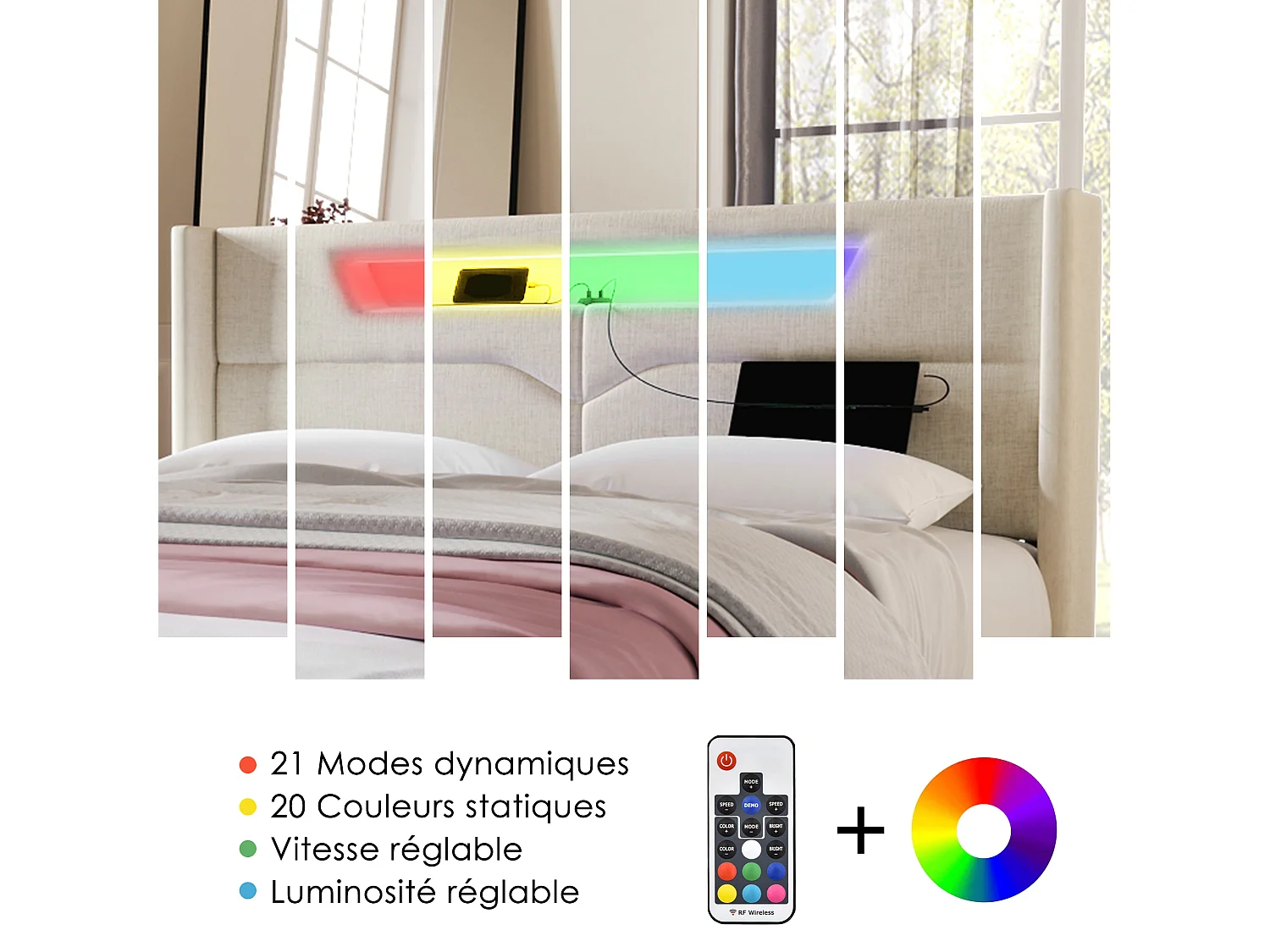 Lit coffre rembourré - 160 x 200 cm - avec Leds + USB Type C + tête de lit + sommier à lattes - lin - beige