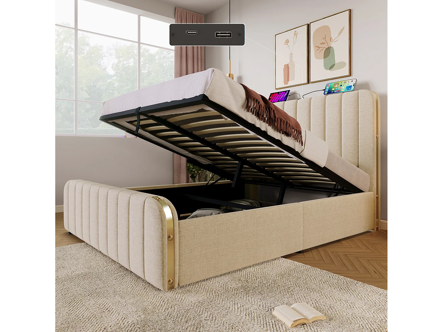 Lit coffre hydraulique - 140 x 190 cm - avec tête de lit rembourrée + USB Type-C - lin - beige
