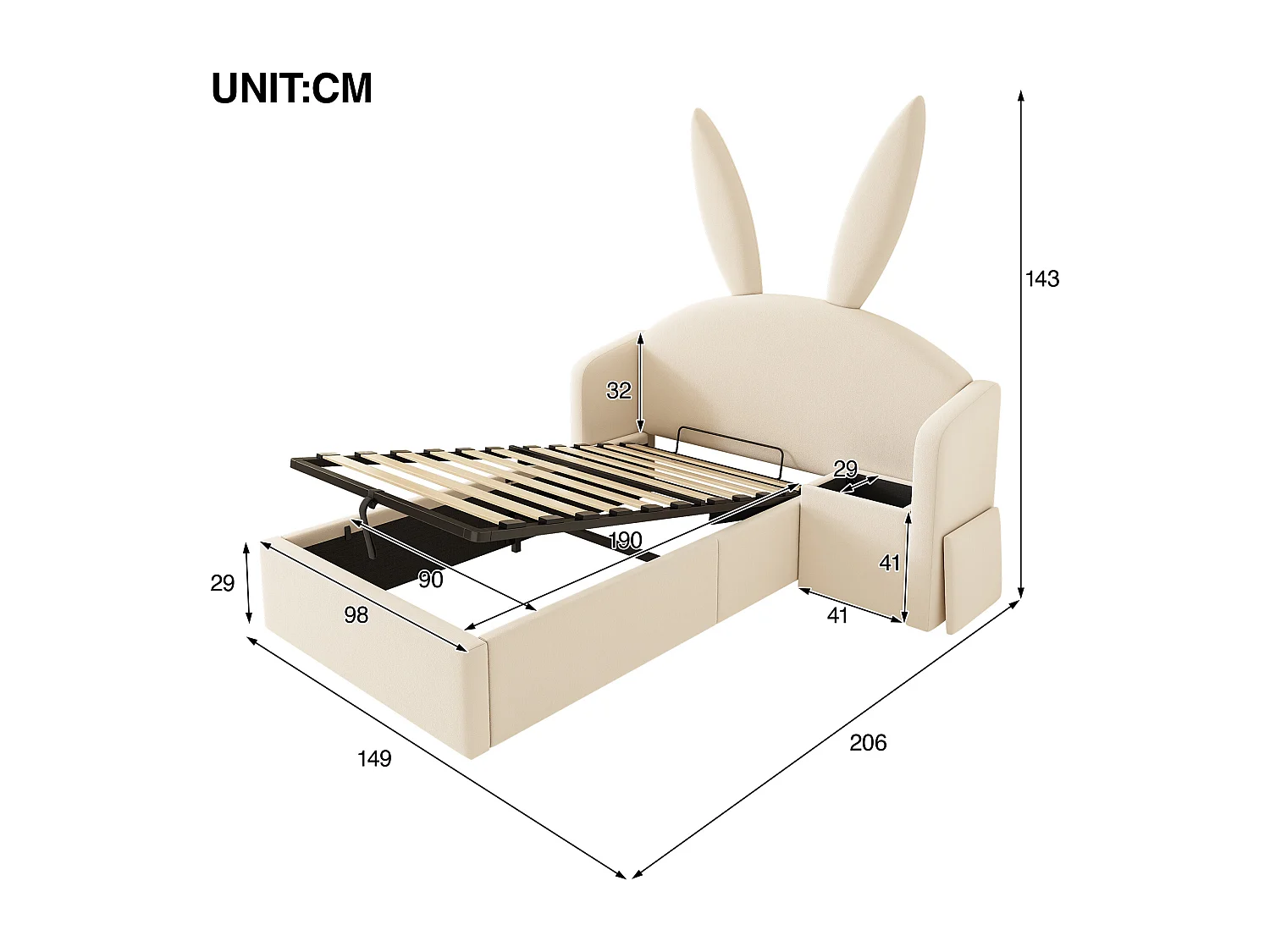 Lit coffre hydraulique capitonné enfant - 90 x 190 cm - avec tête de lit + table de chevet - velours - beige