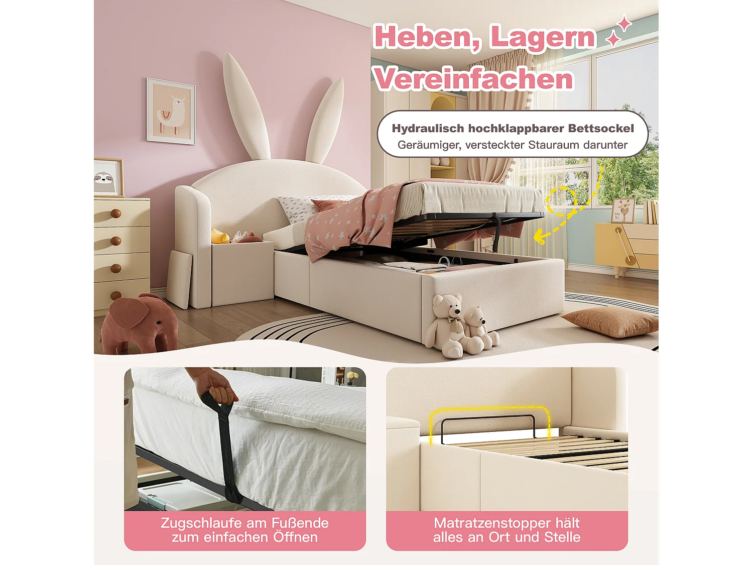 Lit coffre hydraulique capitonné enfant - 90 x 190 cm - avec tête de lit + table de chevet - velours - beige