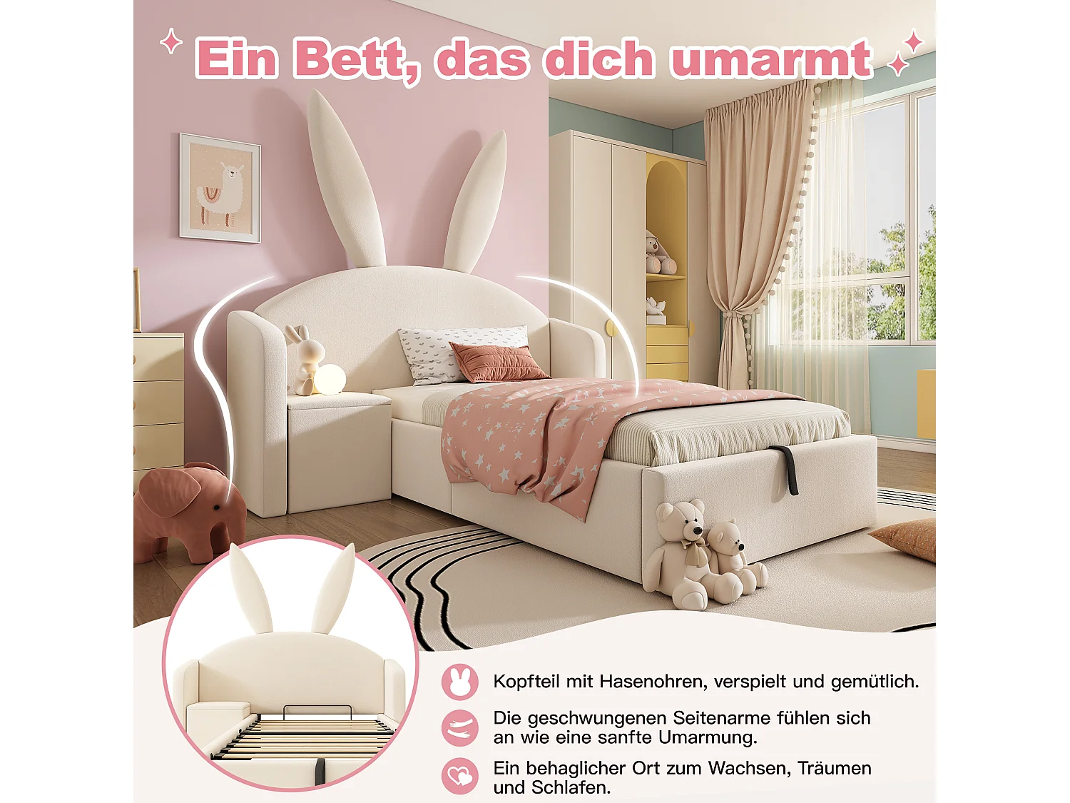Lit coffre hydraulique capitonné enfant - 90 x 190 cm - avec tête de lit + table de chevet - velours - beige