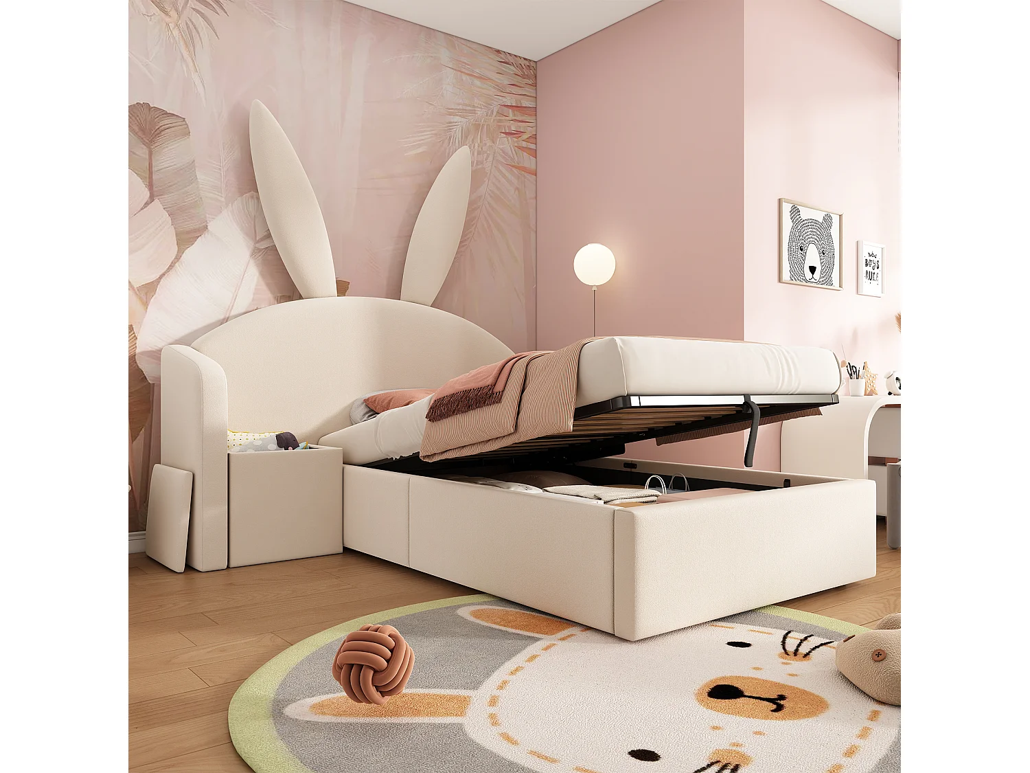 Lit coffre hydraulique capitonné enfant - 90 x 190 cm - avec tête de lit + table de chevet - velours - beige