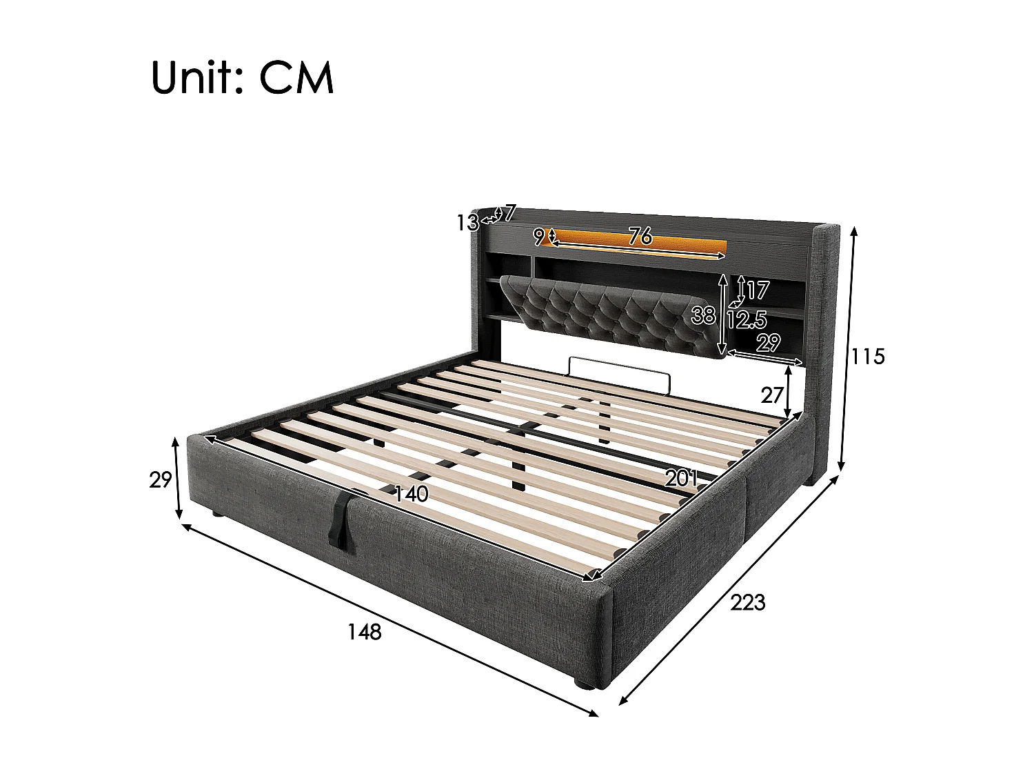 Lit coffre hydraulique - 140 x 200 cm - avec Leds + USB/Type-C + tête de lit de rangement - lin - gris