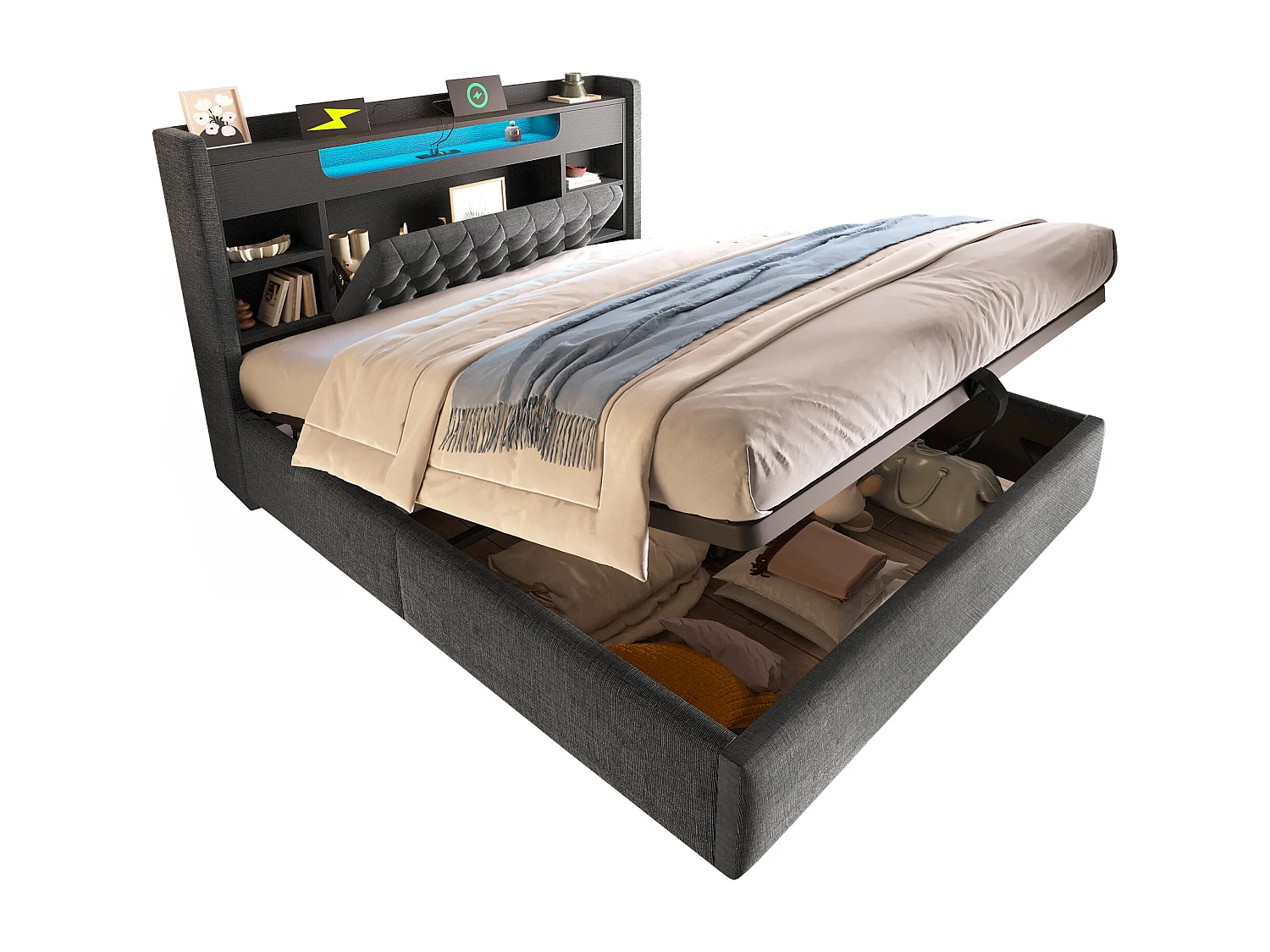 Lit coffre hydraulique - 140 x 200 cm - avec Leds + USB/Type-C + tête de lit de rangement - lin - gris