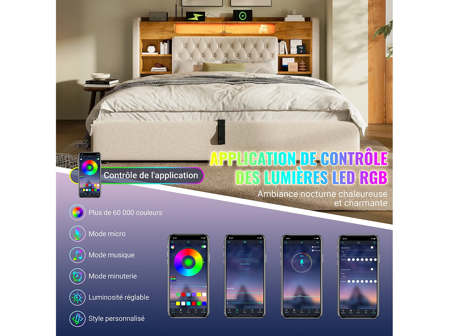 Lit coffre hydraulique - 140 x 190 cm - avec Leds + USB/Type-C + tête de lit de rangement - lin - beige
