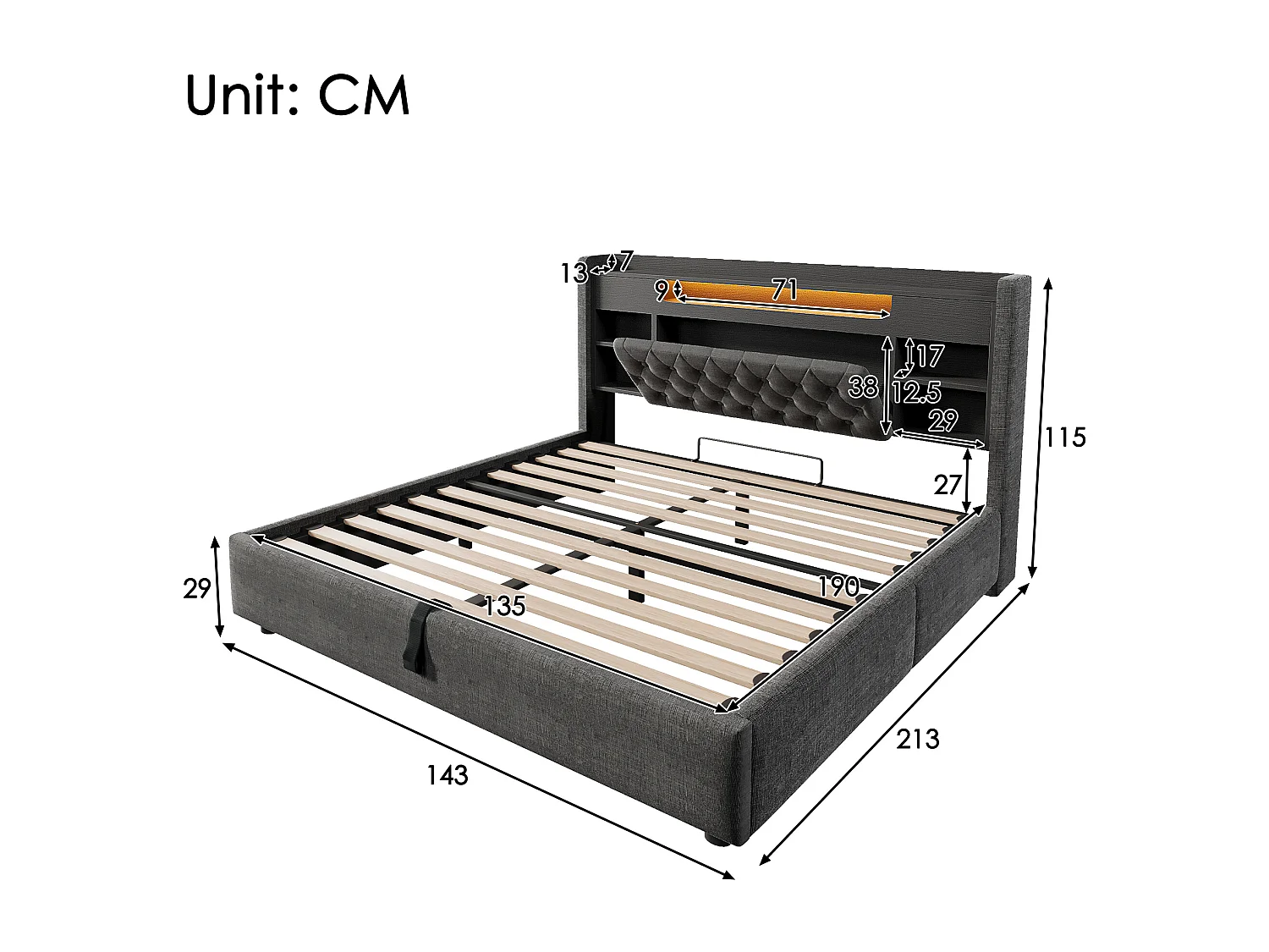Hydraulic storage bed - 135 x 190 cm - with LEDs + USB/Type-C + storage headboard - linen - grey