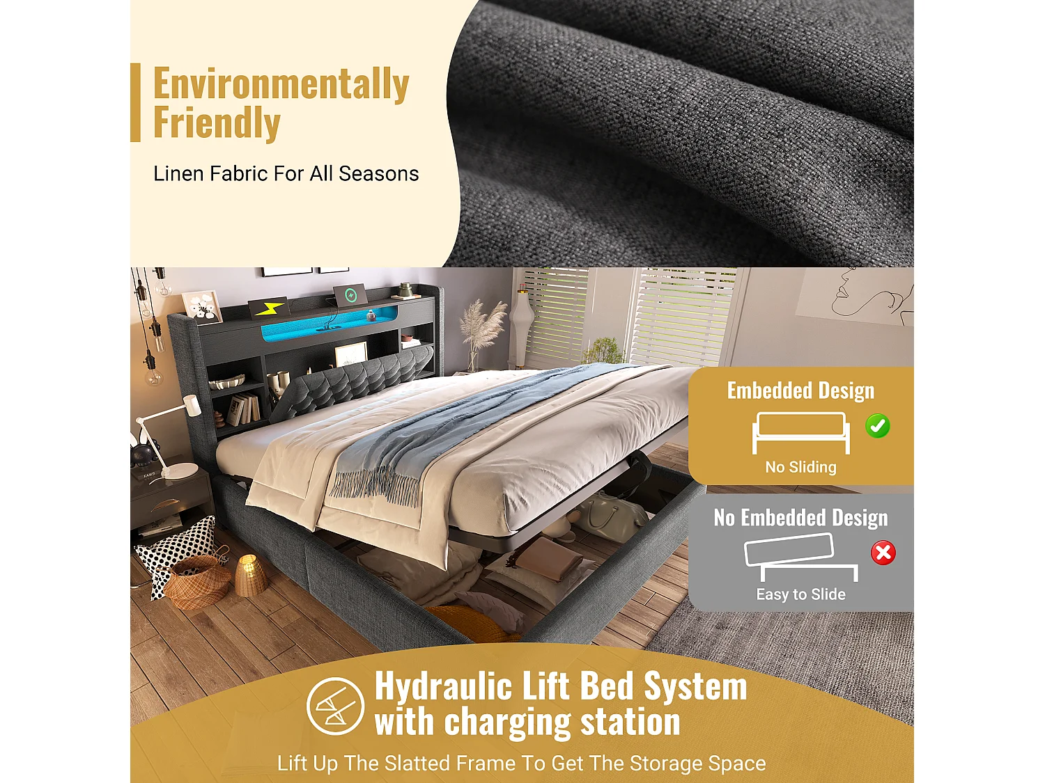 Hydraulic storage bed - 135 x 190 cm - with LEDs + USB/Type-C + storage headboard - linen - grey