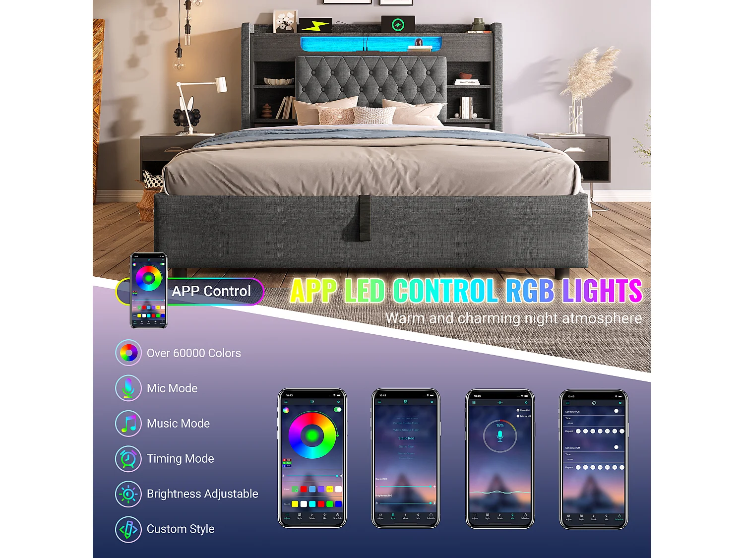 Hydraulic storage bed - 135 x 190 cm - with LEDs + USB/Type-C + storage headboard - linen - grey
