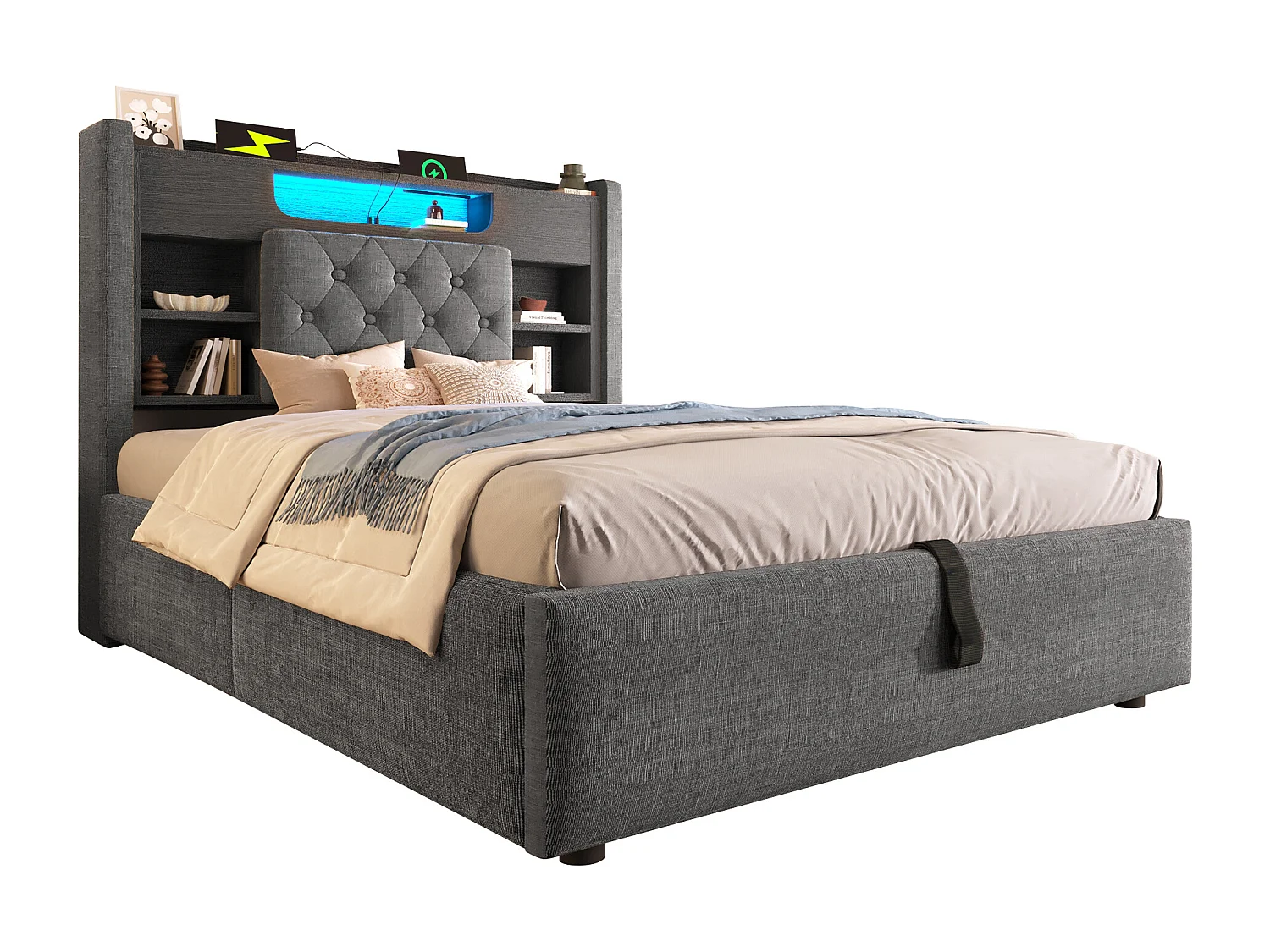Hydraulic storage bed - 135 x 190 cm - with LEDs + USB/Type-C + storage headboard - linen - grey