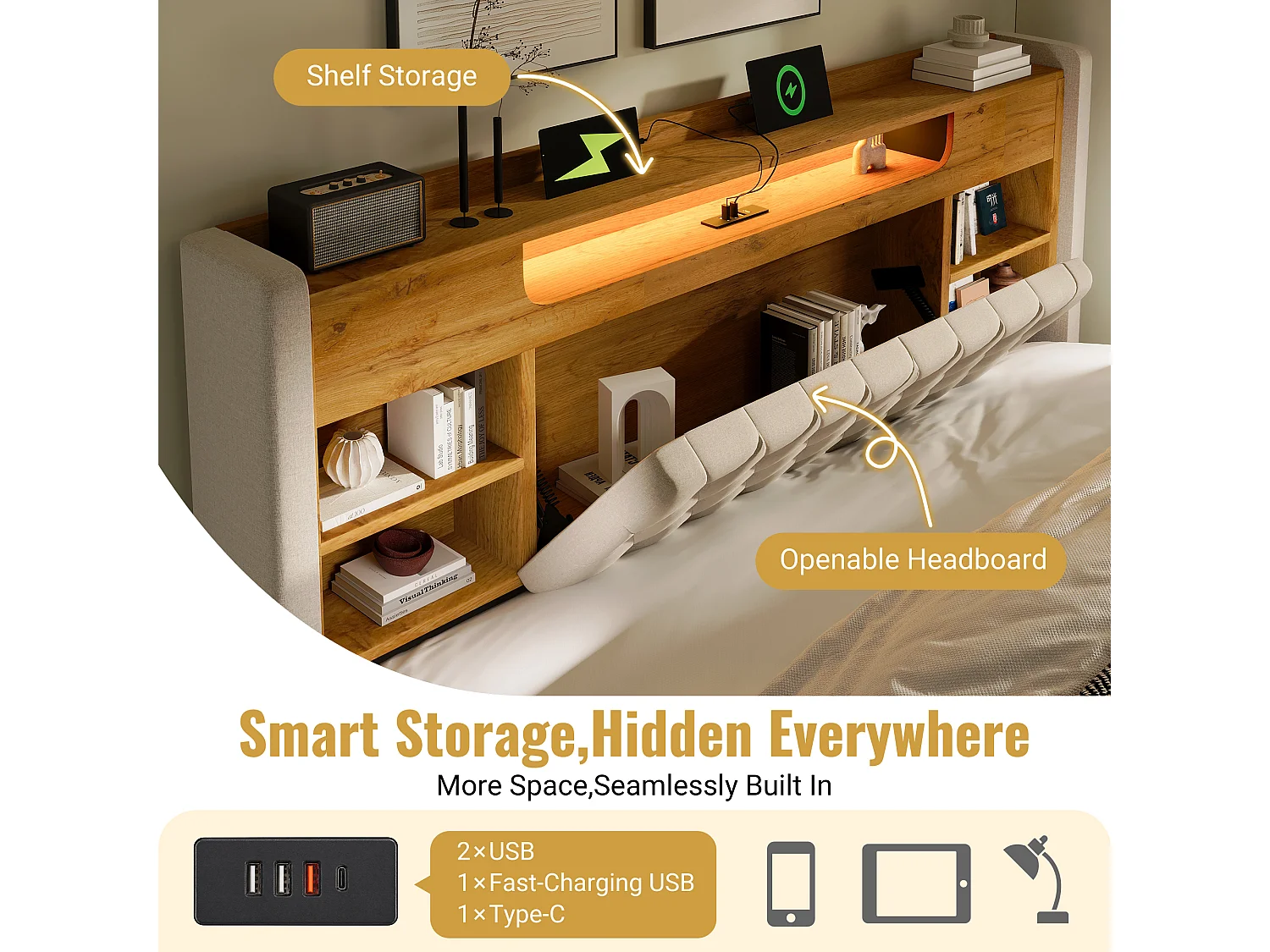 Hydraulic storage bed - 180 x 200 cm - with LEDs + USB/Type-C + storage headboard - linen - beige
