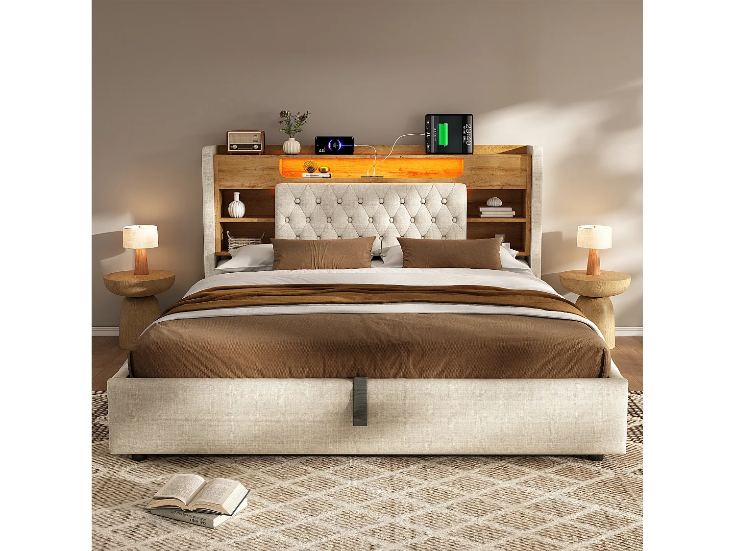 Hydraulic storage bed - 180 x 200 cm - with LEDs + USB/Type-C + storage headboard - linen - beige