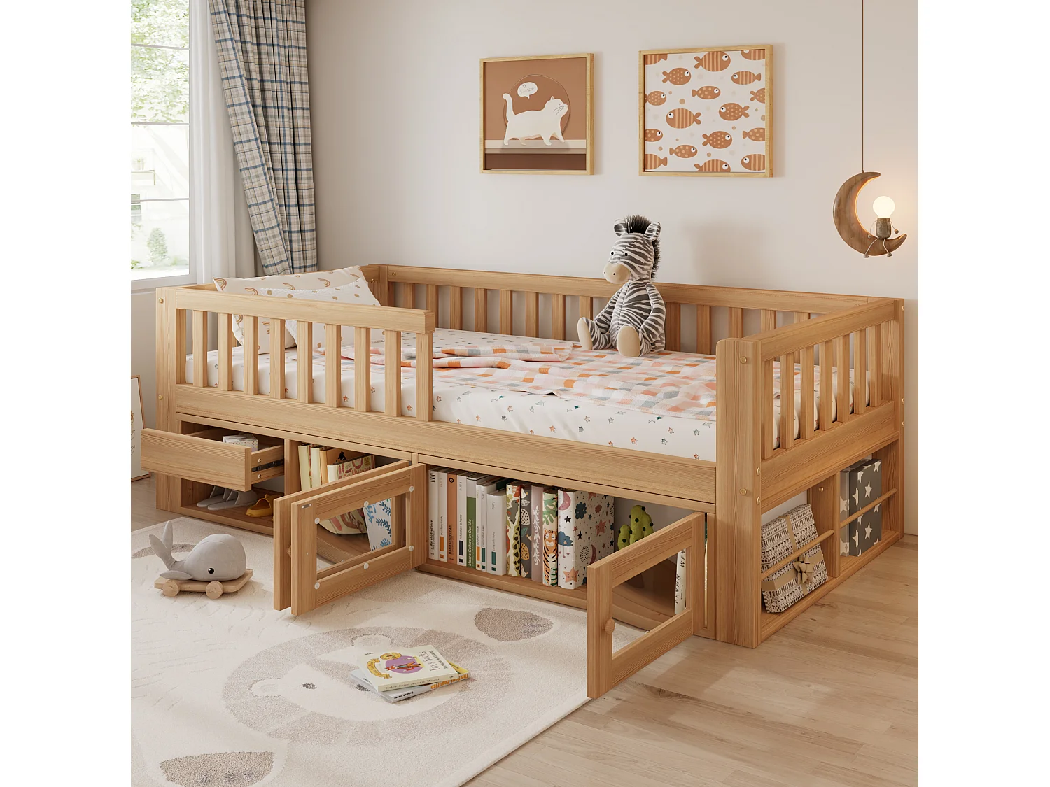 Lit coffre pour enfant - 90 x 200 cm - avec barrière de sécurité + tiroir + portes - bois - naturel