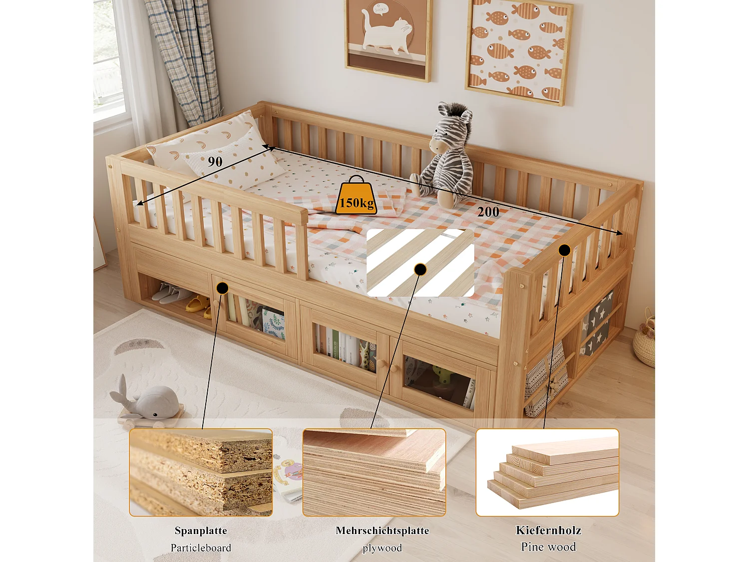 Lit coffre pour enfant - 90 x 200 cm - avec barrière de sécurité + tiroir + portes - bois - naturel