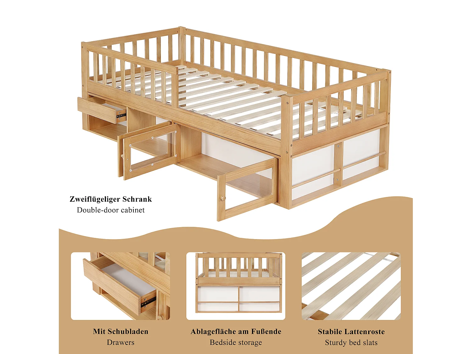Lit coffre pour enfant - 90 x 200 cm - avec barrière de sécurité + tiroir + portes - bois - naturel