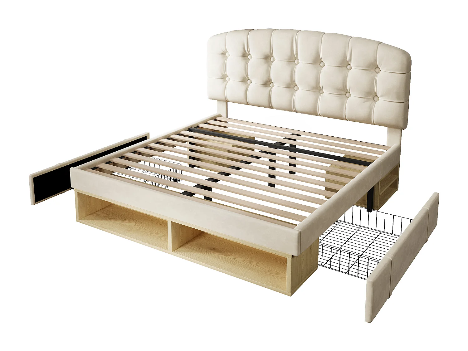 Double storage bed - 150 x 200 cm - with adjustable headboard + drawers + shelves - velvet - beige