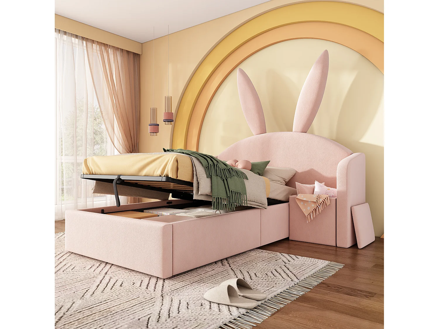 Children's upholstered hydraulic storage bed - 90 x 190 cm - with headboard and bedside table - velvet - pink
