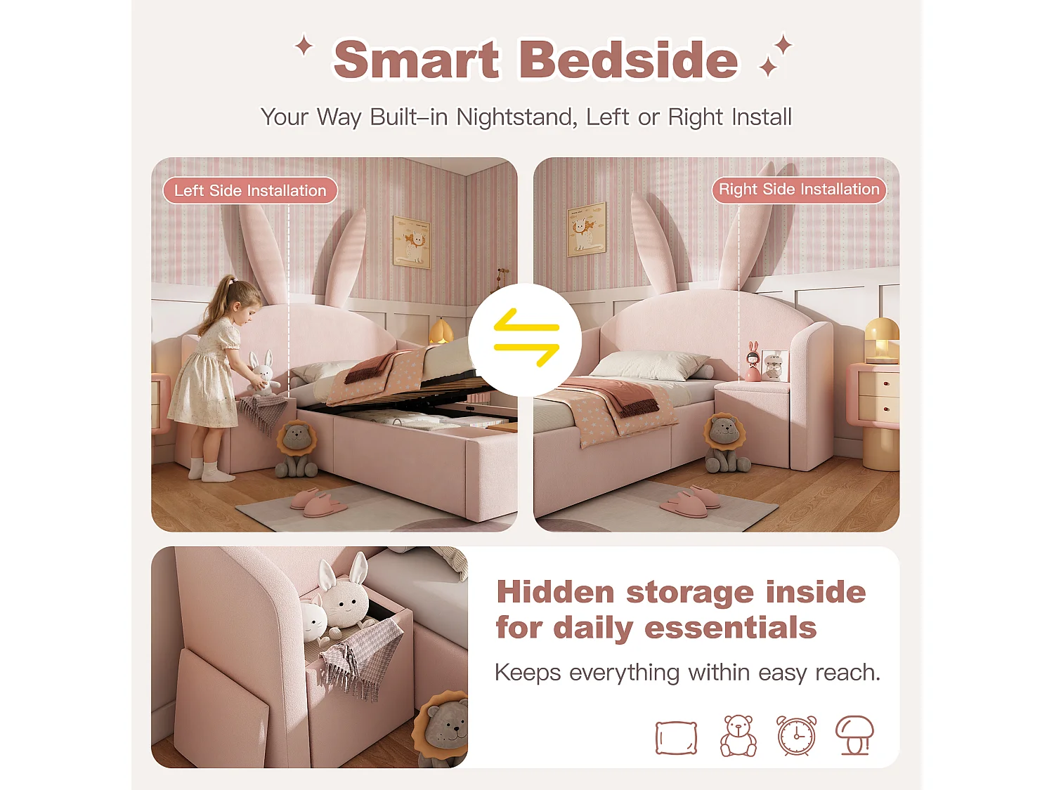 Children's upholstered hydraulic storage bed - 90 x 190 cm - with headboard and bedside table - velvet - pink