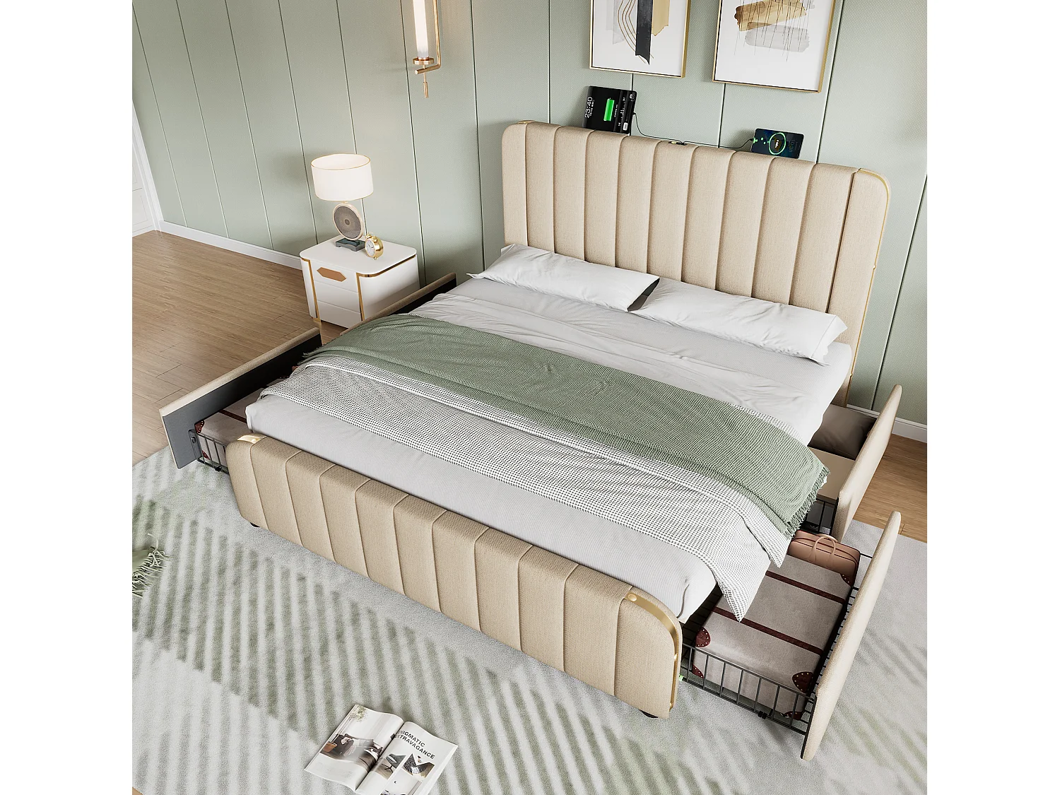 Lit coffre capitonné - 140 x 190 cm - avec tête de lit + USB Type-C + 4 tiroirs - lin - beige