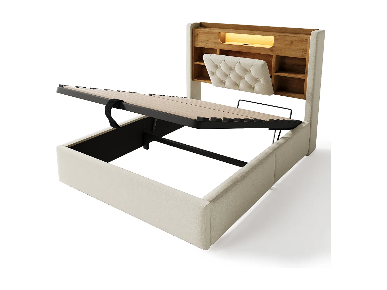 Hydraulic storage bed - 135 x 190 cm - with LEDs + USB/Type-C + storage headboard - linen - beige