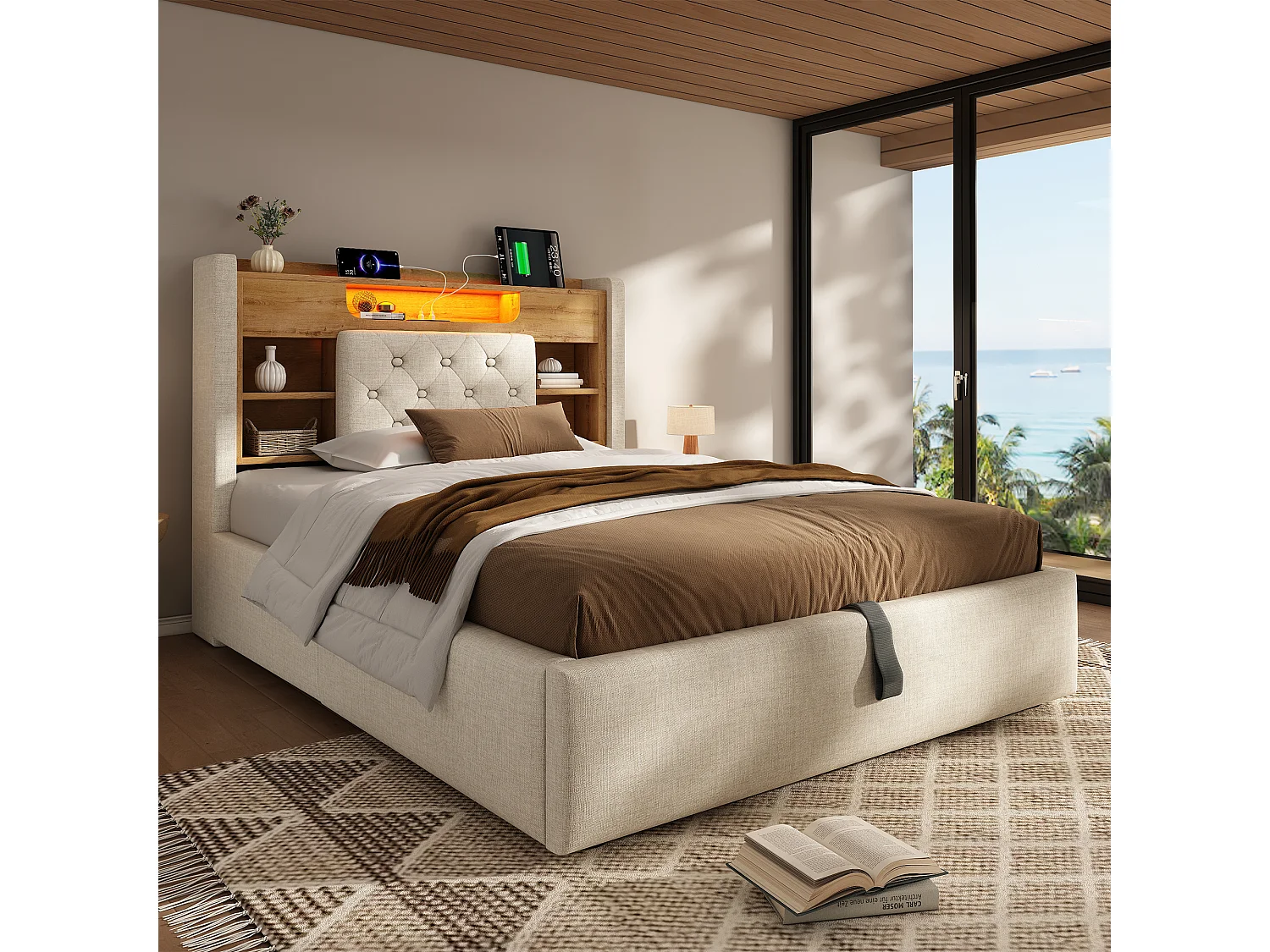 Hydraulic storage bed - 135 x 190 cm - with LEDs + USB/Type-C + storage headboard - linen - beige