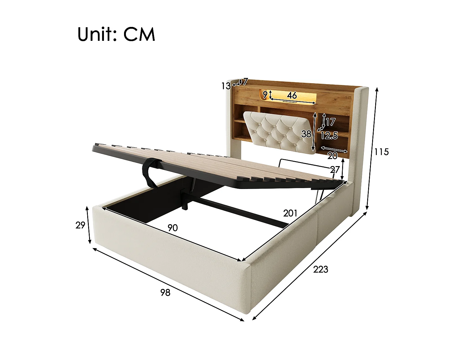 Hydraulisk säng med förvaring - 90 x 200 cm - med LED-lampor + USB/Type-C + huvudgavel med förvaring - linne - beige