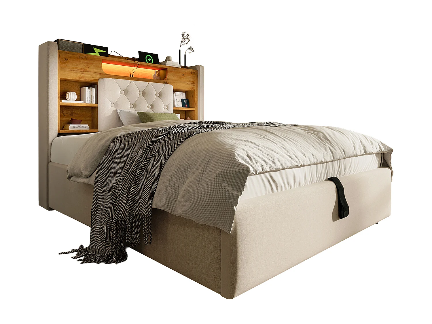 Hydraulisk säng med förvaring - 90 x 200 cm - med LED-lampor + USB/Type-C + huvudgavel med förvaring - linne - beige