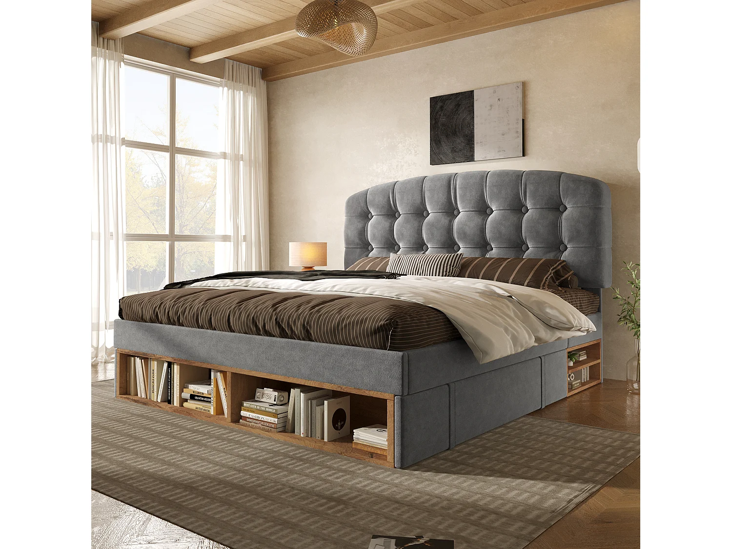 Double storage bed - 150 x 200 cm - with adjustable headboard + drawers + shelves - velvet - grey