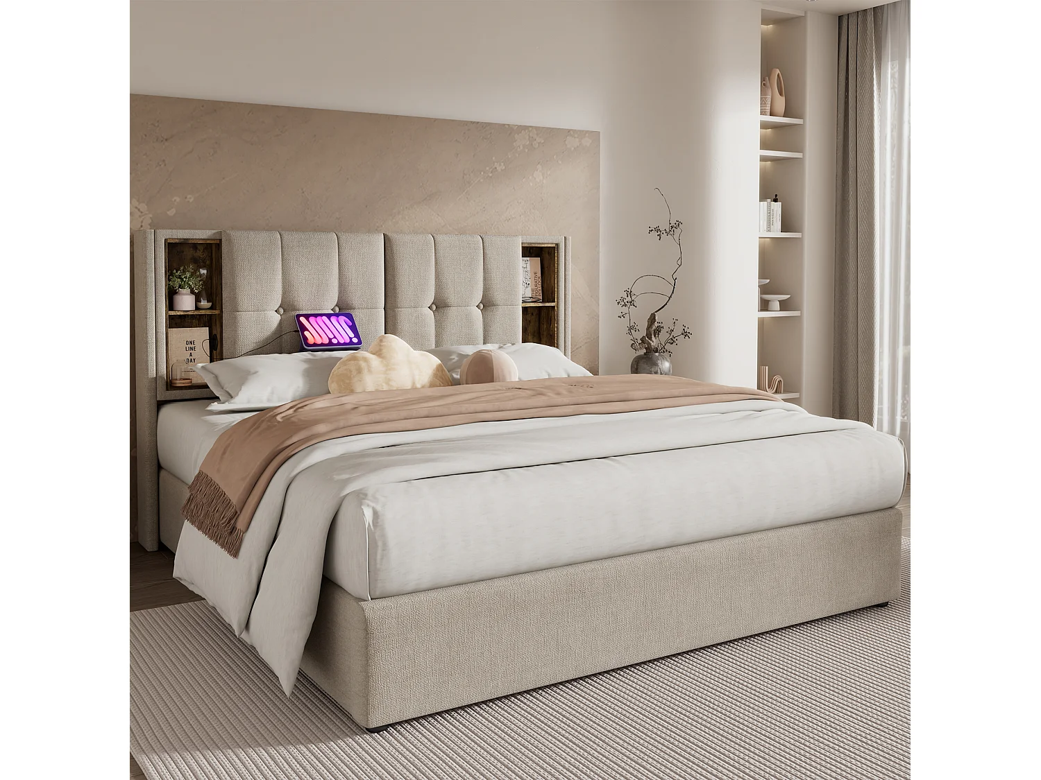 Lit coffre double - 180 x 200 cm - avec USB-C + tête de lit avec étagères  - lin - naturel