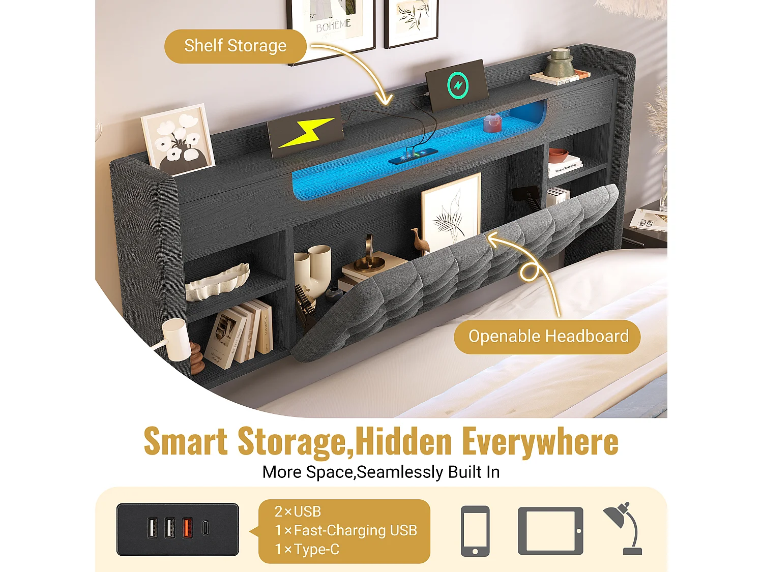 Hydraulic storage bed - 180 x 200 cm - with LEDs + USB/Type-C + storage headboard - linen - grey