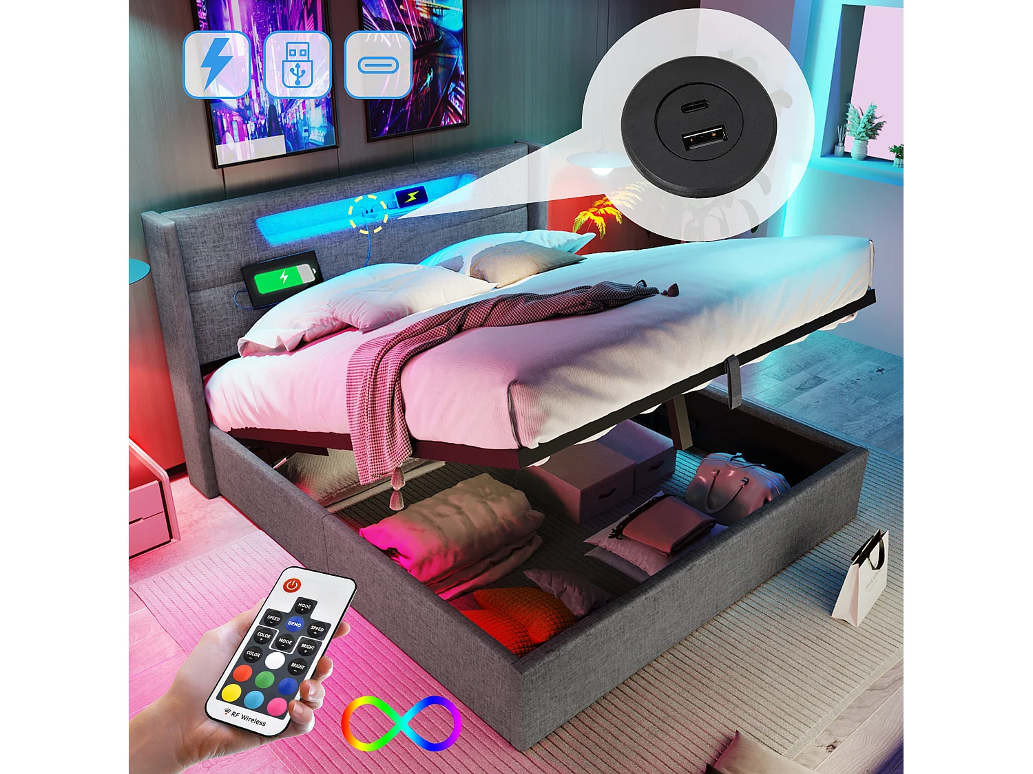 Lit coffre rembourré - 160 x 200 cm - avec Leds + USB Type C + tête de lit + sommier à lattes - lin - gris