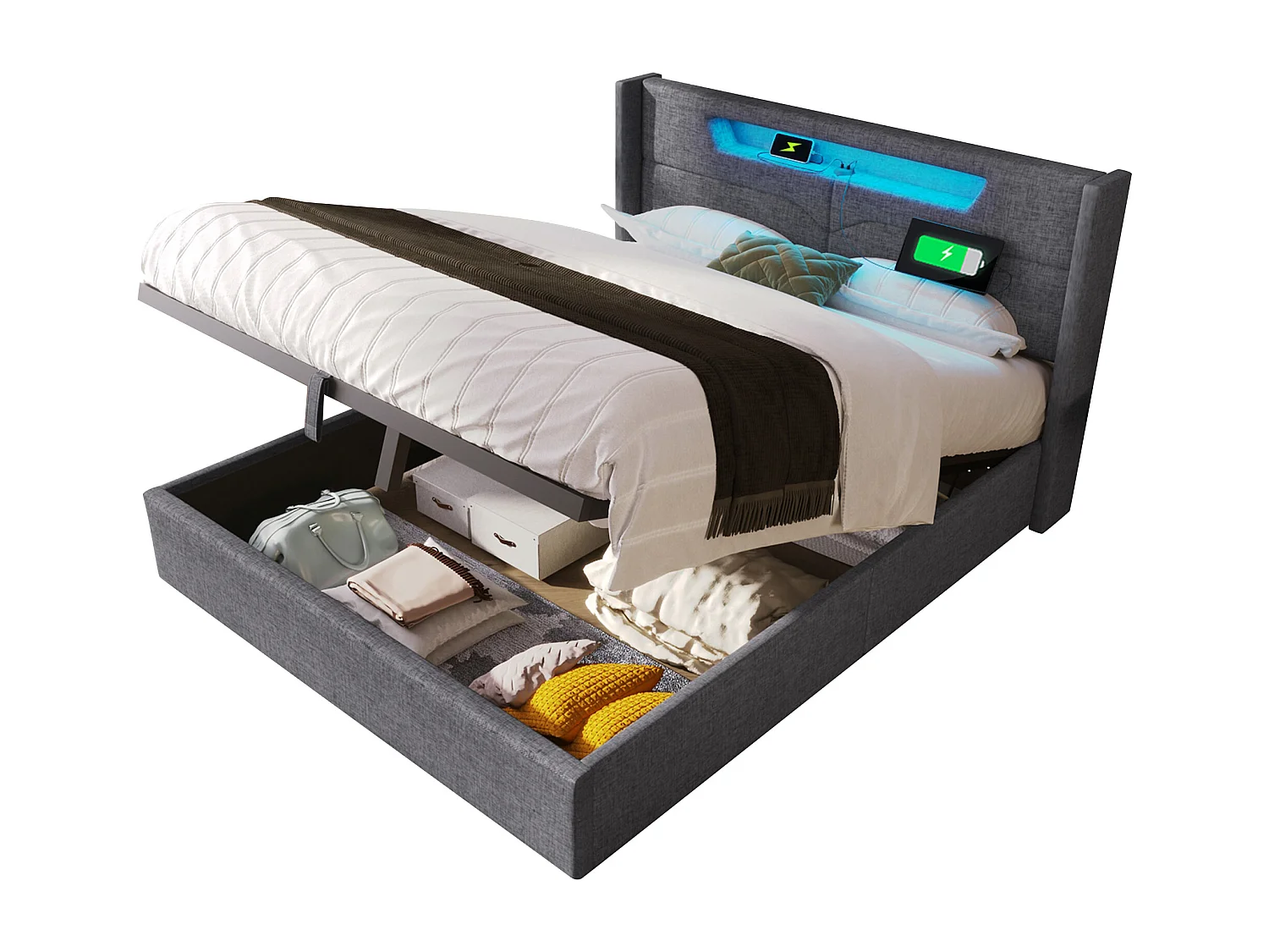 Lit coffre rembourré - 160 x 200 cm - avec Leds + USB Type C + tête de lit + sommier à lattes - lin - gris