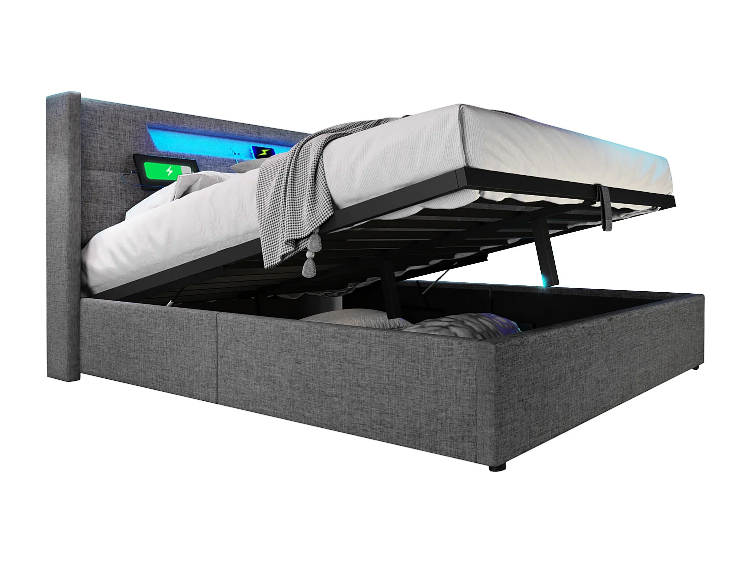 Lit coffre rembourré - 160 x 200 cm - avec Leds + USB Type C + tête de lit + sommier à lattes - lin - gris