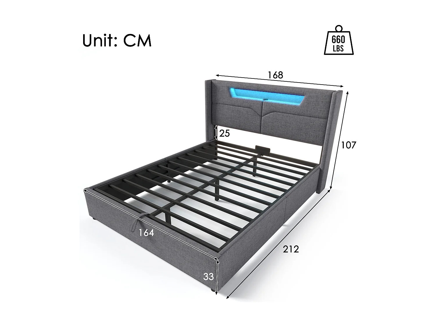 Lit coffre rembourré - 160 x 200 cm - avec Leds + USB Type C + tête de lit + sommier à lattes - lin - gris