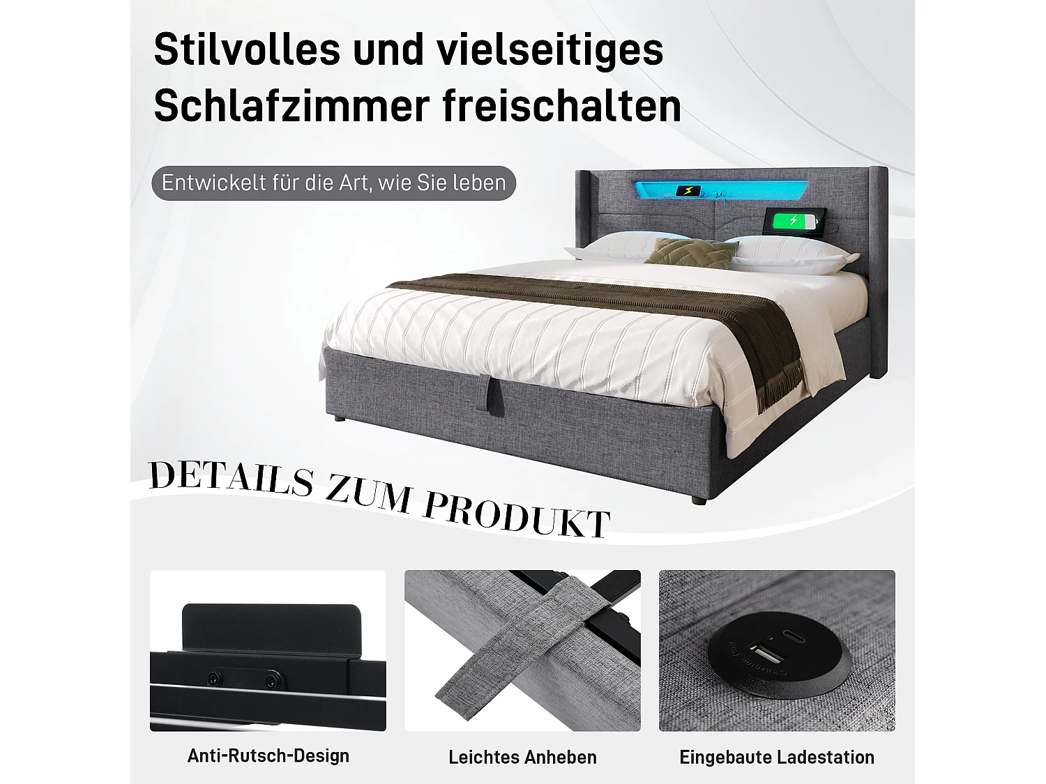 Lit coffre rembourré - 160 x 200 cm - avec Leds + USB Type C + tête de lit + sommier à lattes - lin - gris