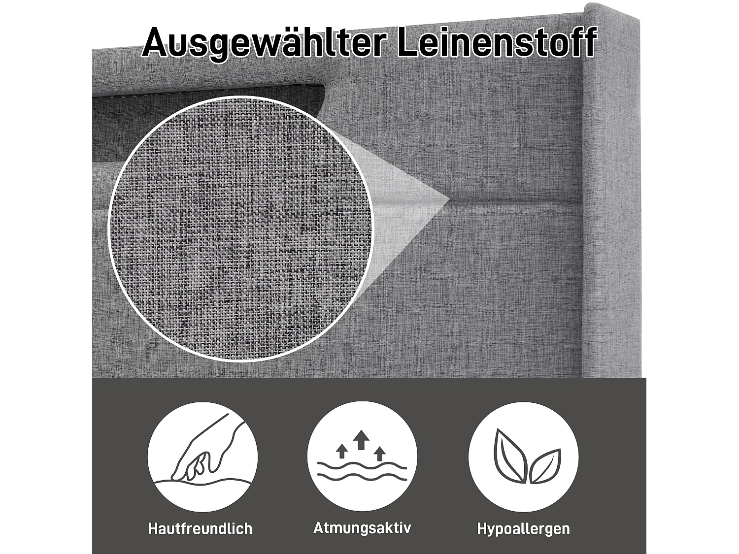 Lit coffre rembourré - 160 x 200 cm - avec Leds + USB Type C + tête de lit + sommier à lattes - lin - gris