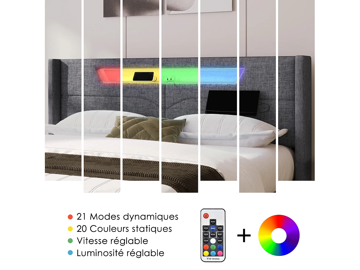 Lit coffre rembourré - 160 x 200 cm - avec Leds + USB Type C + tête de lit + sommier à lattes - lin - gris