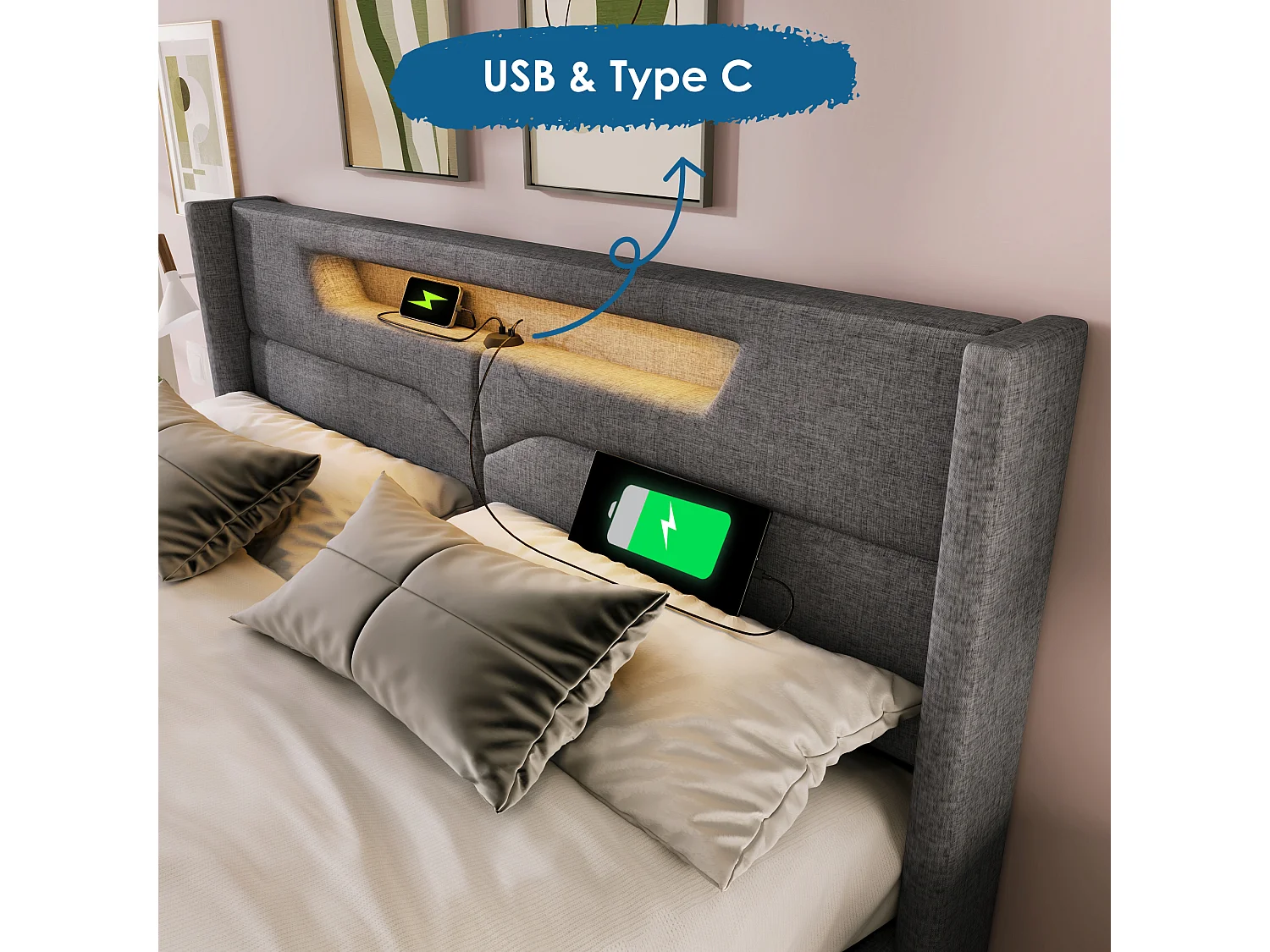 Lit coffre rembourré - 160 x 200 cm - avec Leds + USB Type C + tête de lit + sommier à lattes - lin - gris