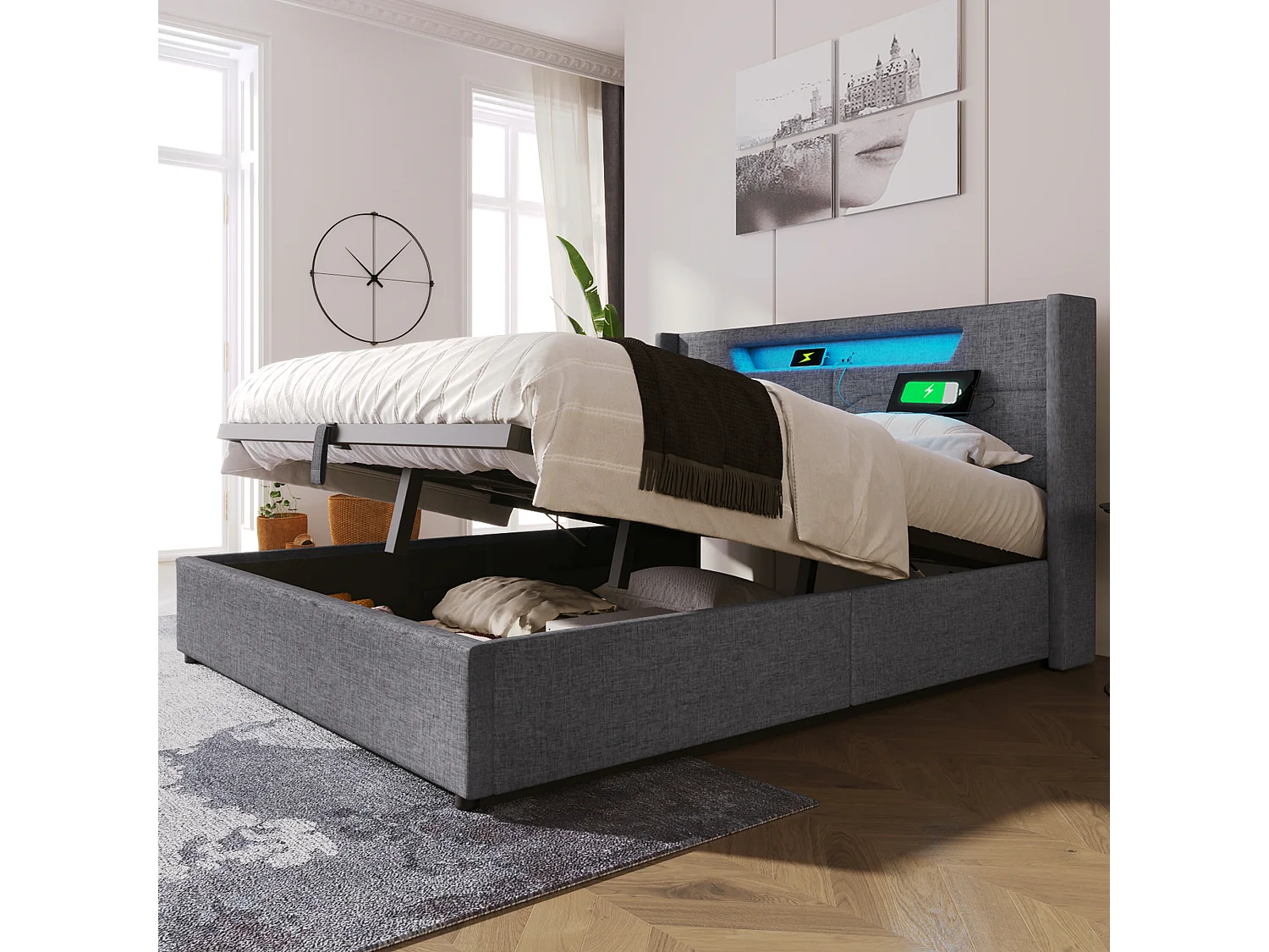Lit coffre rembourré - 160 x 200 cm - avec Leds + USB Type C + tête de lit + sommier à lattes - lin - gris