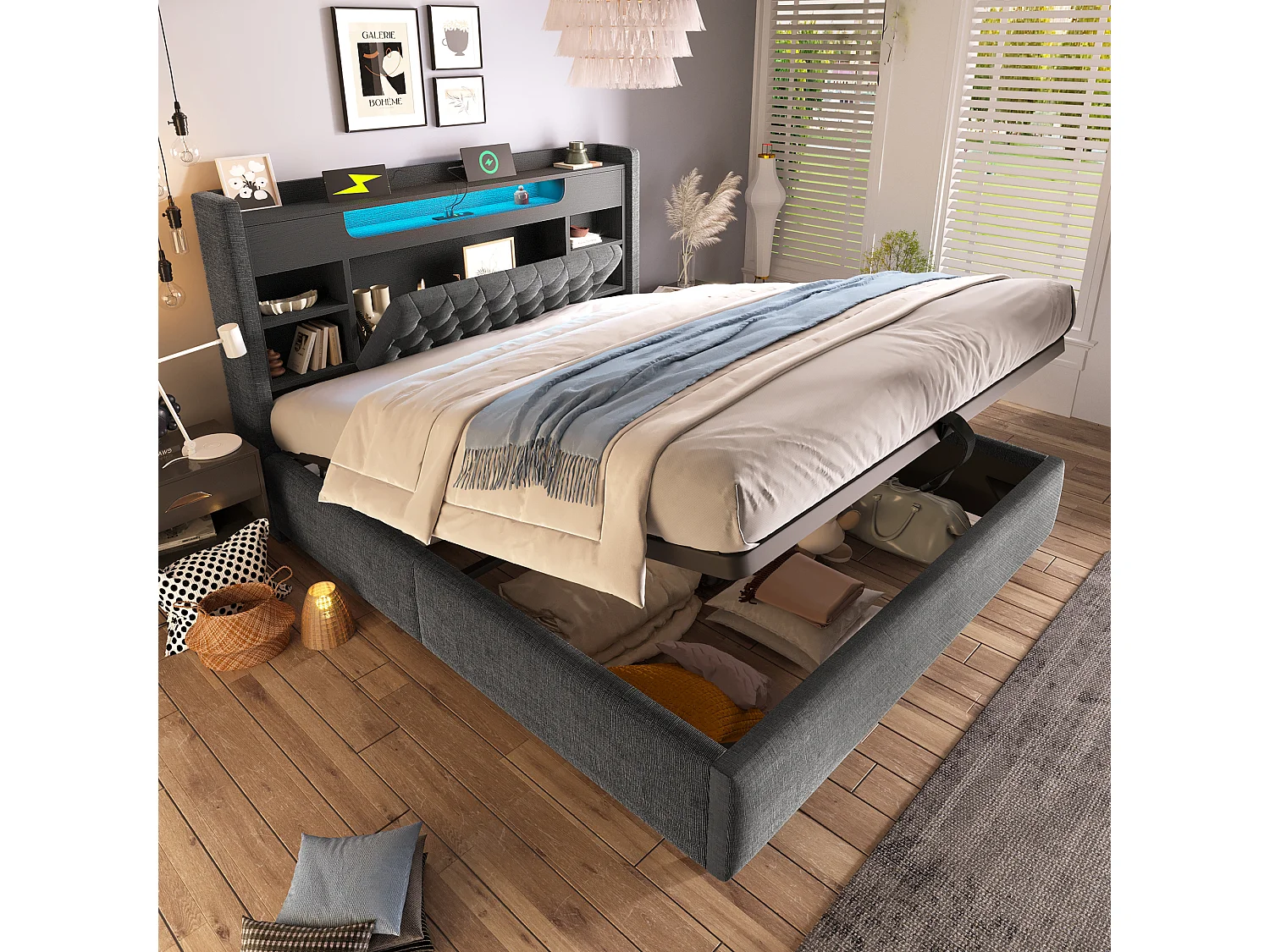 Lit coffre hydraulique - 160 x 200 cm - avec Leds + USB/Type-C + tête de lit de rangement - lin - gris