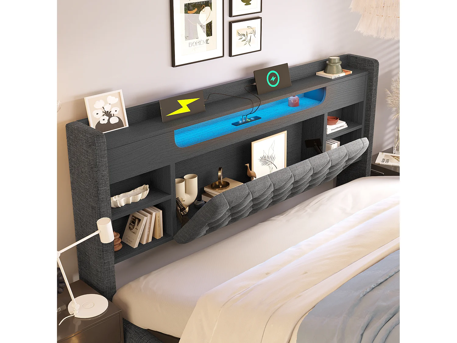 Lit coffre hydraulique - 160 x 200 cm - avec Leds + USB/Type-C + tête de lit de rangement - lin - gris