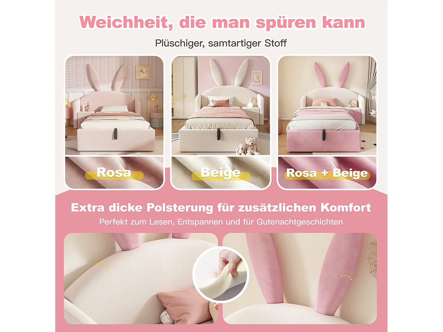 Lit coffre hydraulique capitonné enfant - 90 x 190 cm - avec tête de lit + table de chevet - velours - rose + beige