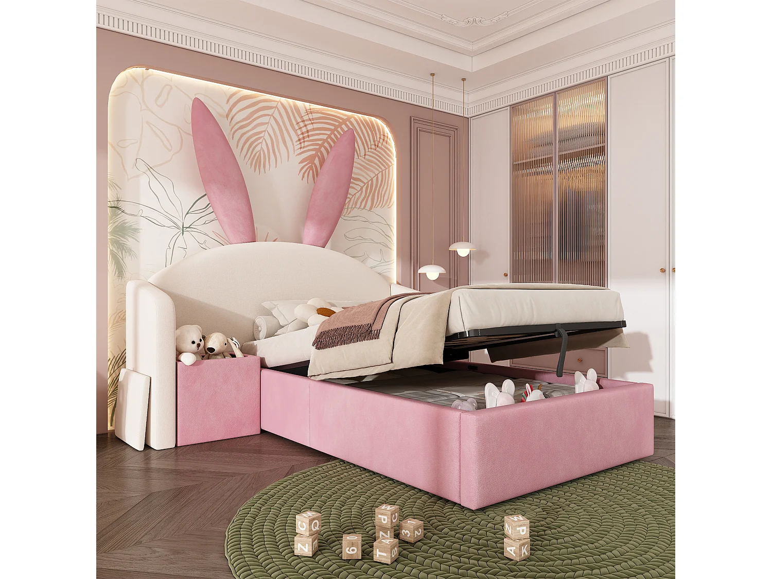 Lit coffre hydraulique capitonné enfant - 90 x 190 cm - avec tête de lit + table de chevet - velours - rose + beige