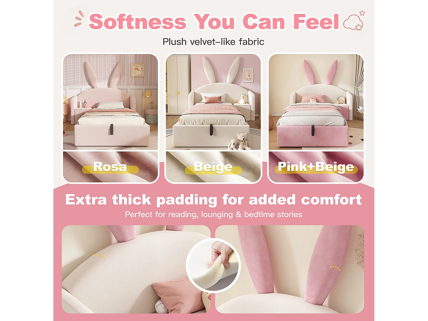 Children's upholstered hydraulic storage bed - 90 x 190 cm - with headboard and bedside table - velvet - pink and beige