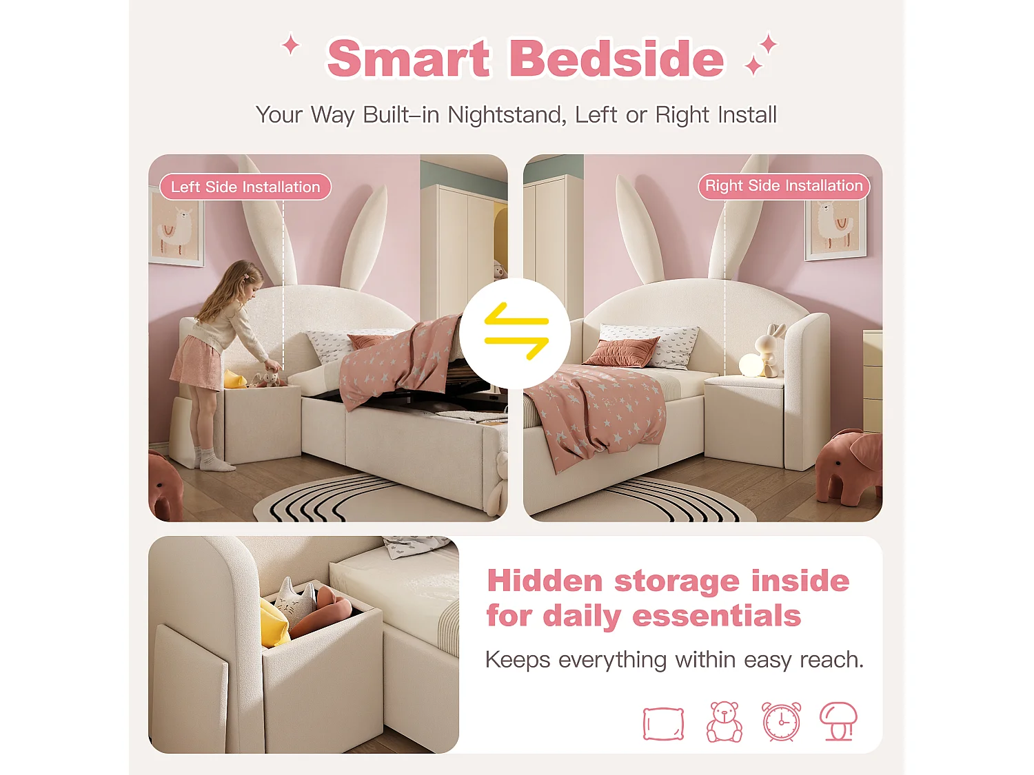 Children's upholstered hydraulic storage bed - 90 x 190 cm - with headboard and bedside table - velvet - beige