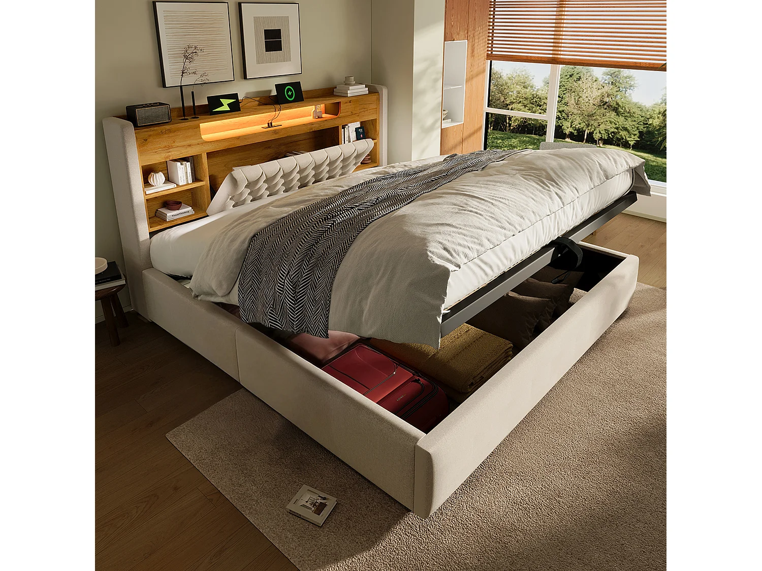 Lit coffre hydraulique - 140 x 200 cm - avec Leds + USB/Type-C + tête de lit de rangement - lin - beige