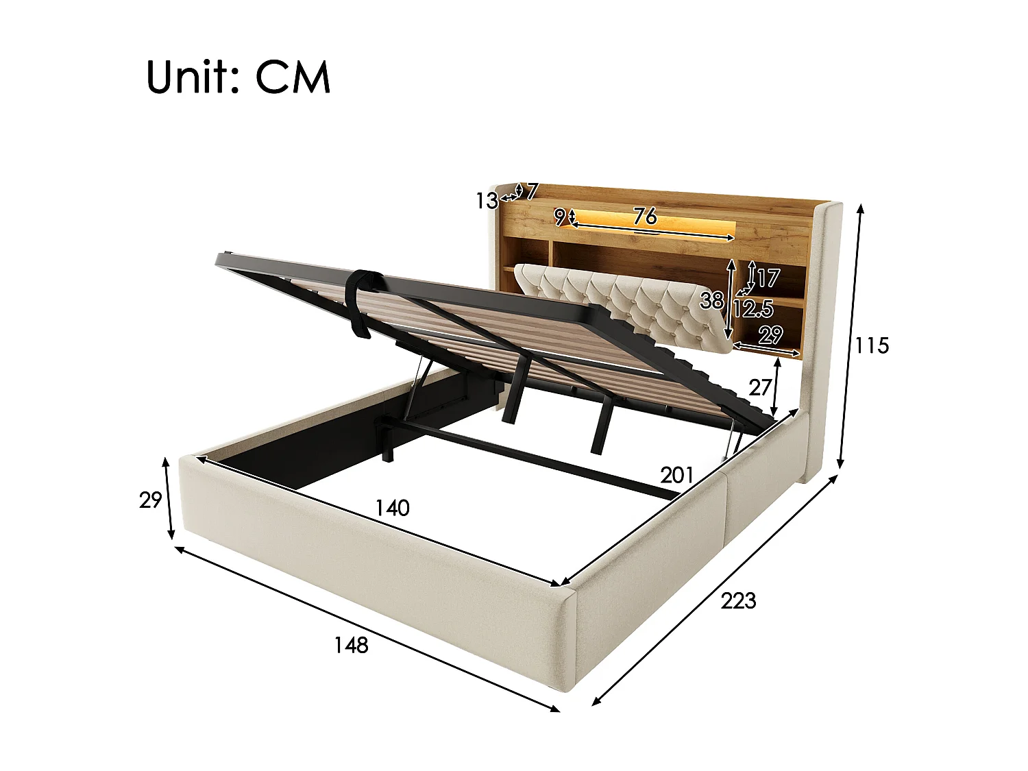 Lit coffre hydraulique - 140 x 200 cm - avec Leds + USB/Type-C + tête de lit de rangement - lin - beige