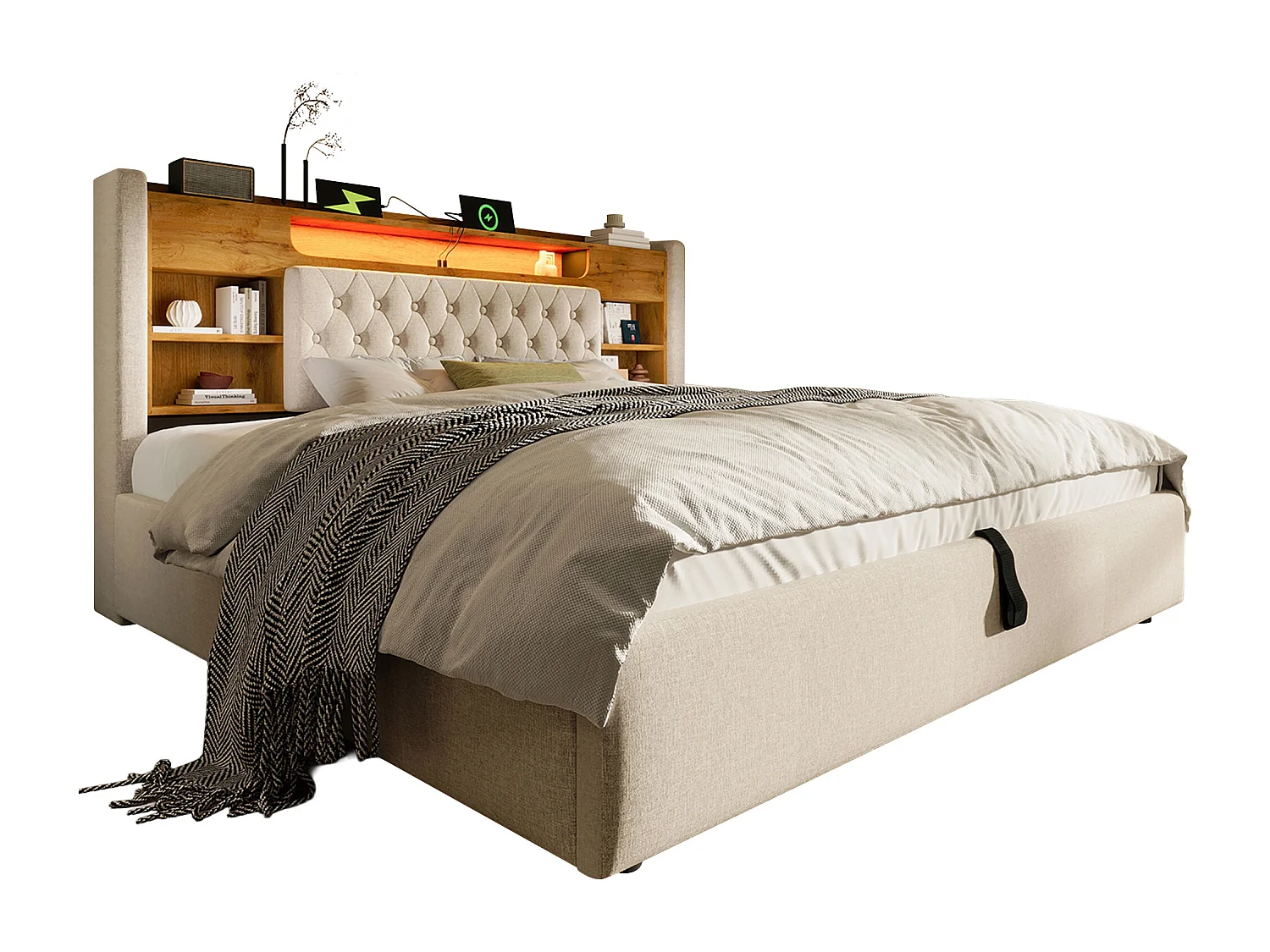 Lit coffre hydraulique - 140 x 200 cm - avec Leds + USB/Type-C + tête de lit de rangement - lin - beige