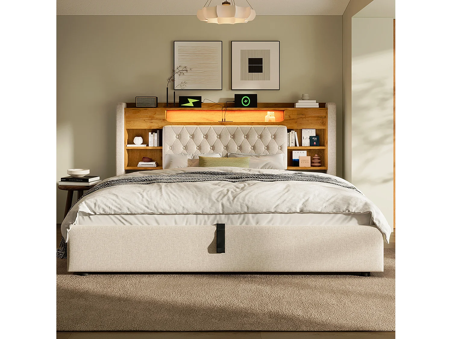 Lit coffre hydraulique - 140 x 200 cm - avec Leds + USB/Type-C + tête de lit de rangement - lin - beige