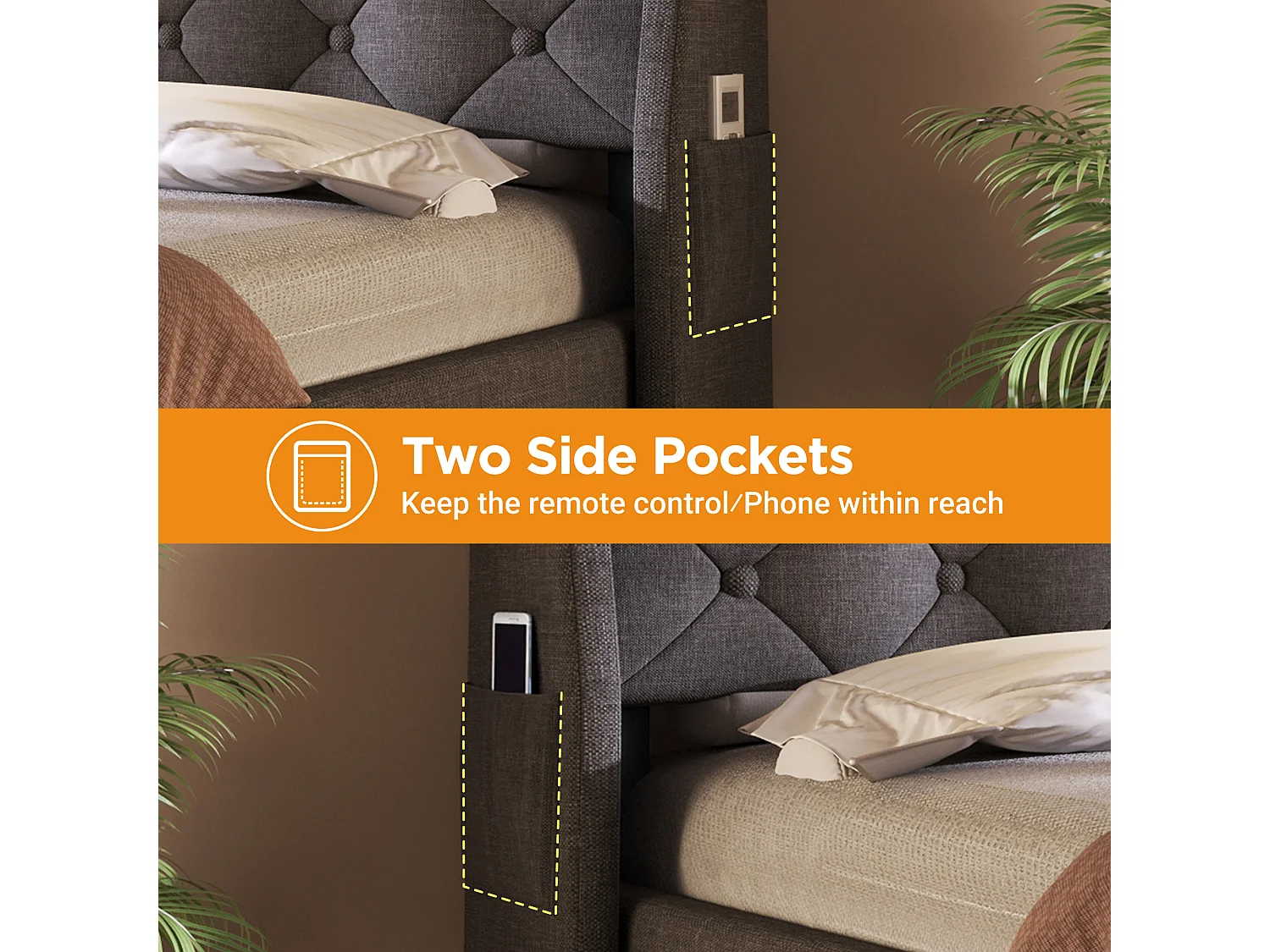 Upholstered storage bed - 135 x 190 cm - LED headboard + 4 charging stations (USB/Type-C) - linen - grey